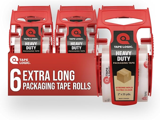 Tape Logic Heavy Duty Packing Tape with Dispenser (6 Pack) – 2.6 Mil Thick Clear Shipping Tape, 2 in x 25 yd – Strong Industrial Adhesive for Moving Boxes, Mailing, & Shipping Packaging