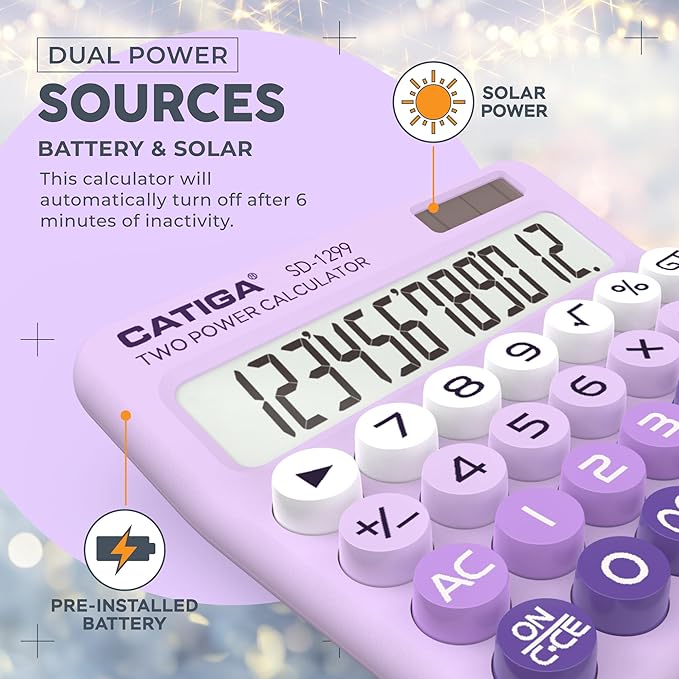 CATIGA Mechanical Switch Calculator with Solar and Battery Dual Power, 12-Digit Large LCD Display, Aesthetic and Cute Desktop Calculator with Big Button, for Home, School and Office Use, SD-1299