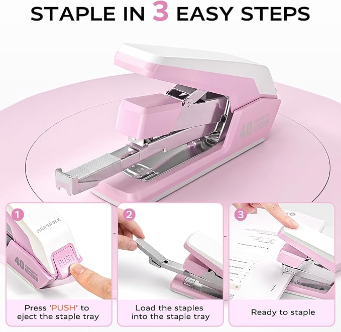 Marsrock Heavy Duty Stapler for Desk with 40-50 Sheet, 2000 Staples, Pink | Classroom Stapler, Teacher Stapler, Office Stapler, Ergonomic & Easy to Load Desktop Stapler, Magnetic Staple Remover