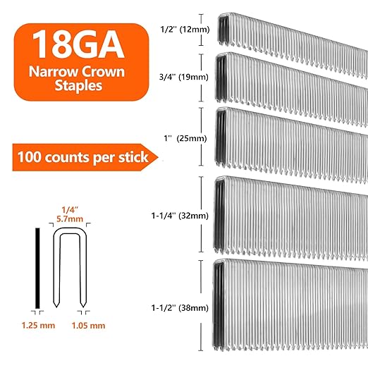1000-Count 1-1/2 Inch Length, 18 Gauge 1/4 Inch Narrow Crown Staples, Heavy Duty Beveled Chiseled Pointed Galvanized Staples, for Pneumatic, Electric 18GA Stapler Gun