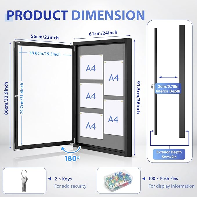 SWANCROWN 36x24 in Outdoor Bulletin Board Wall Display Case, Black Frame | Enclosed, Shatterproof, Weather Resistant, Grey Felt，Black aluminum frame, Notice Board for Office School Business Community