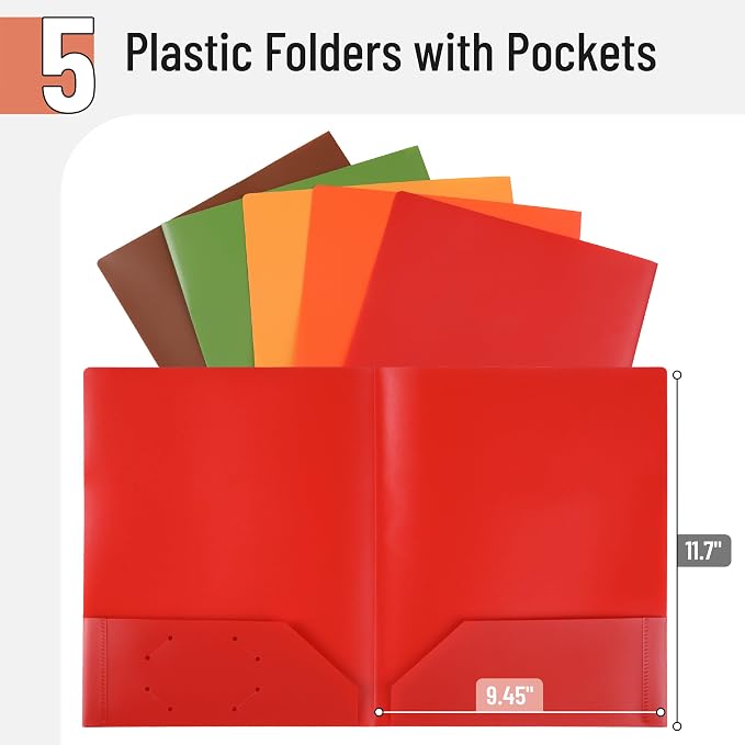 Mr. Pen- Plastic Folders with Pockets, 5 pcs | Aesthetic File Folder with Business Card Slot, 2-Pocket Folder, Back to School, Office, Filing Supplies