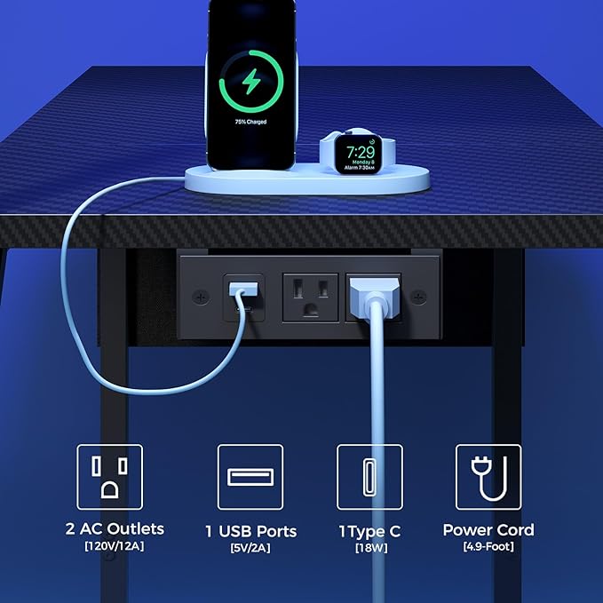 Gaming Desk, Computer Desk with Charging Station and LED Light, Small PC Desk with Side Storage Bag and Shelves, 2 Hooks, for Living Room, Home Office, Bedroom Black CDHS134E01