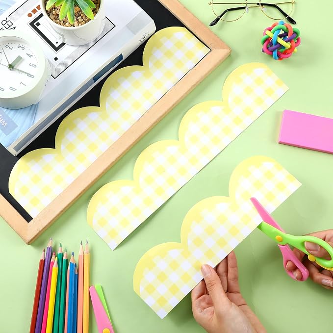 Zonon 65ft Yellow Gingham Bulletin Board Border Pastel Scalloped Bulletin Board Trim Back to School Classrooms Decoration for Party Whiteboard, Walls, Desks, Windows, Doors, Lockers
