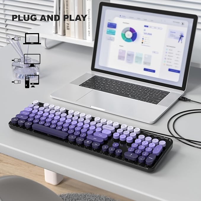 Computer Keyboard Wired, Plug and Play USB Retro Round Typewriter Keyboard, Full Size Wired Keyboard with Foldable Stands for Laptop and Office PC