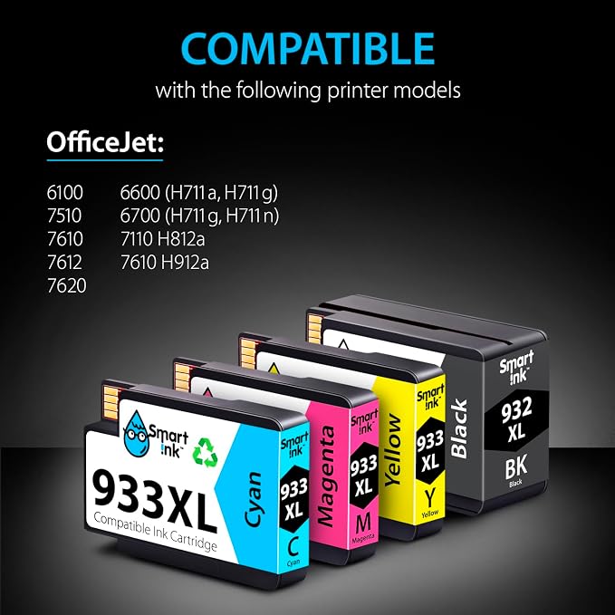 Smart Ink Compatible Ink Cartridge Replacement for HP 932XL 933XL 932XL 933 XL 4 Combo Pack (XL Black, Cyan, Magenta Yellow) to use with HP Officejet 6100 6600 6700 7110 7510 7610 7612 7620 Printers