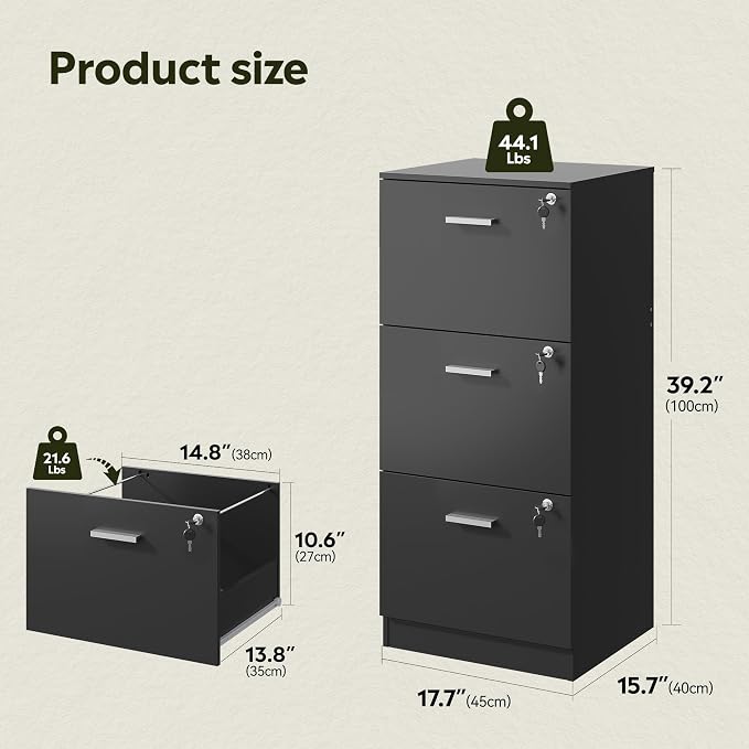 DEVAISE 3 Drawer Wood File Cabinet with Lock for Letter and A4 Size | Wooden Vertical Filing Cabinet, Home Office Filing Organizer, Printer Stand, Black