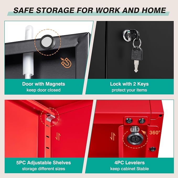 Wide & Deep Metal Storage Cabinet with 5 Shelves,72" Tall Red Garage Storage Cabinet with Lock,Metal Cabinets with Locking Doors,Lockable Steel Cabinets for Home,Office,Shop,Garage,72x36x18