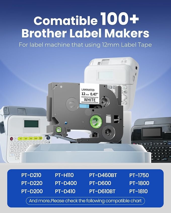 Replacement for Brother TZe Tape 12mm 0.47" Laminated White TZe-231 | 5-Pack Ptouch Label Maker Tape TZ-231 Compatible with Brother P-touch PT-D220 D210 H110 D200 D400 PT-1280 D610BT