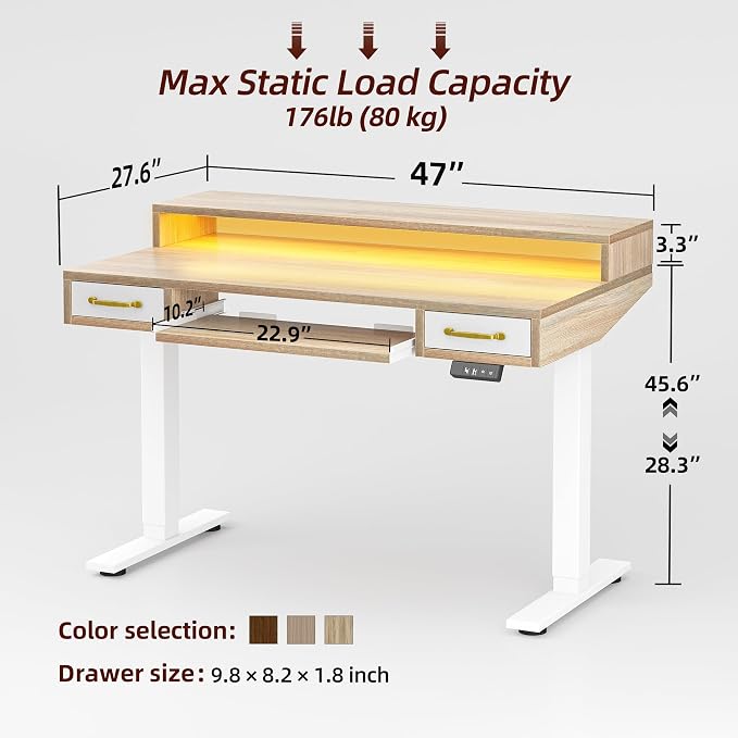 TIQLAB Standing Desk with Two Drawers, Stand Up Standing Desk Adjustable Height, Electric Sit Stand Table with Storage Shelf and Splice Board, with LED Light, 47 * 28 inch, Maple