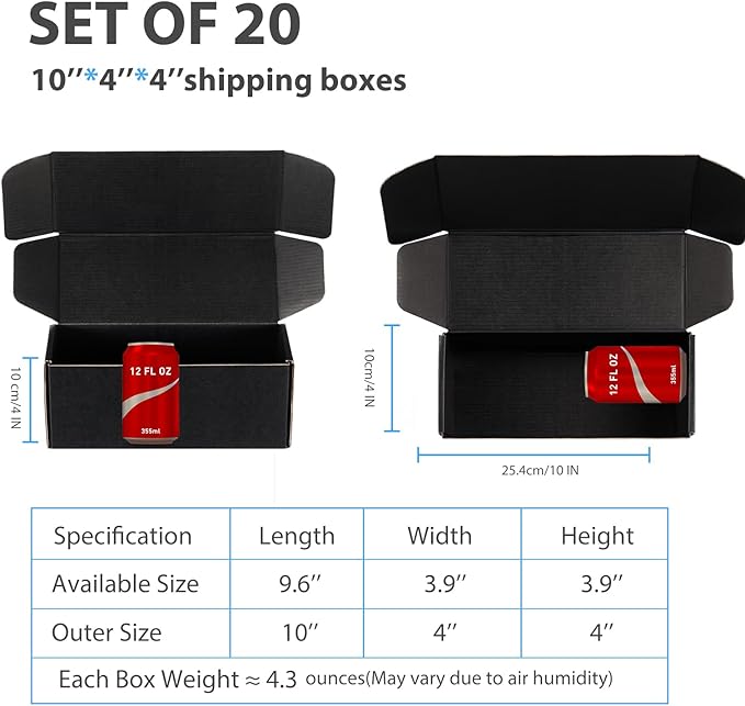Small Shipping Boxes 10x4x4 Inches – Black Corrugated Cardboard Boxes (20-Pack) for Mailing, Packing, Small Business & Gift Packaging - Recyclable & Sturdy