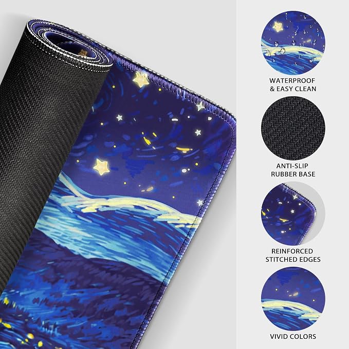 Starry Night Cat Large Gaming Mouse Pad Desk Mat 31.5"x15.7" | Extended Mousepad, Non-Slip Rubber Base , Stitched Edges, for Computer/Laptop/Office/Home