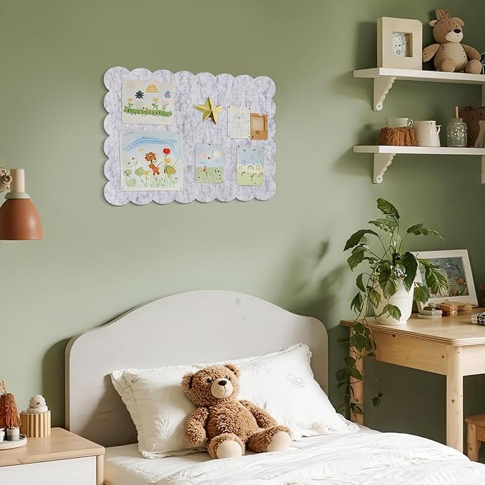 Scalloped Bulletin Board 24x18 inches, Decorative Felt Pin Board for Wall | Cute Cork Board Alternative with Push Pins, Foldable Display Vision Board for Photos, Notes & Reminders