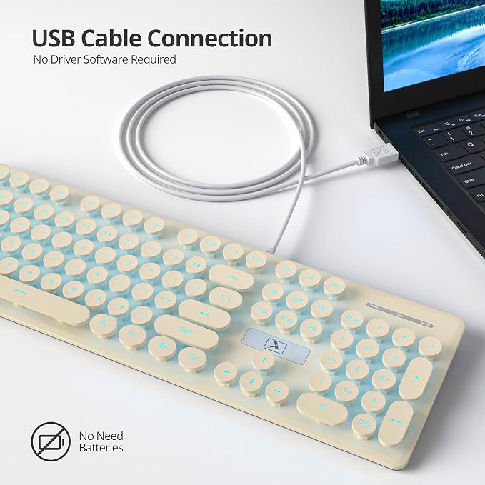 surmen Cute Quiet Keyboard Wired Retro Typewriter, Full Size Soft Keyboards with Number Pad, Round Keys, Backlit USB for Office, Desktop, Laptop (Beige)