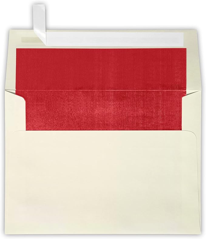 LUXPaper A7 Foil Lined Envelopes in 70 lb. Natural w/Red LUX Lining, Printable Square Flap Envelopes for Invitations with Peel and Press, 50 Pack, Envelope Size 5 1/4 x 7 1/4 (Off-White)