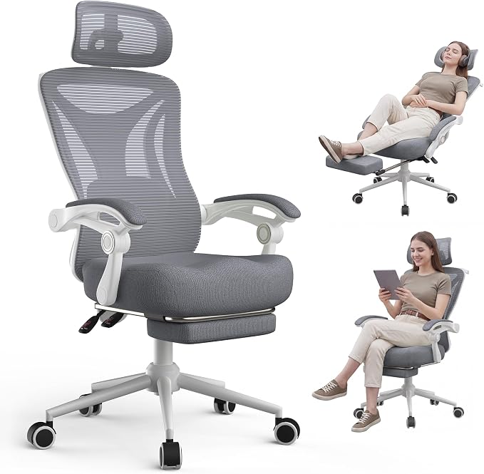 CYKOV Ergonomic Office Chair, Reclining, Footrest, Adjustable Lumbar, 350LB | 4-Way Headrest (4.72" + 60°), 2-Way Lumbar (2" + 1.18"), 90-135° Recline, Breathable Mesh, Gaming & Office, 5-Year Warranty