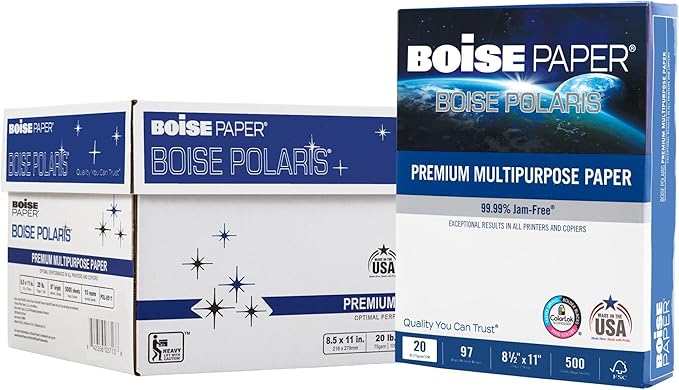 Boise POLARIS Premium Multi-Use Printer & Copy Paper, 10 Reams, White, Letter (8.5inx11in), 5000 Sheets Per Case, 20 Lb, 97 Brightness, FSC Certified