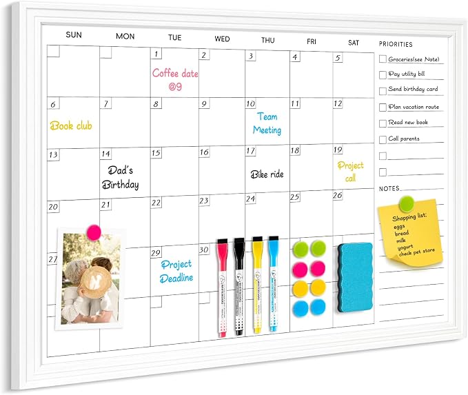 DOLLAR BOSS Magnetic WhiteBoard Calendar, 24x18 in, Monthly Dry Erase Board | Monthly Dry Erase Planner for Wall with White Wood Style Frame for Office, School, Dorm, Home Decor