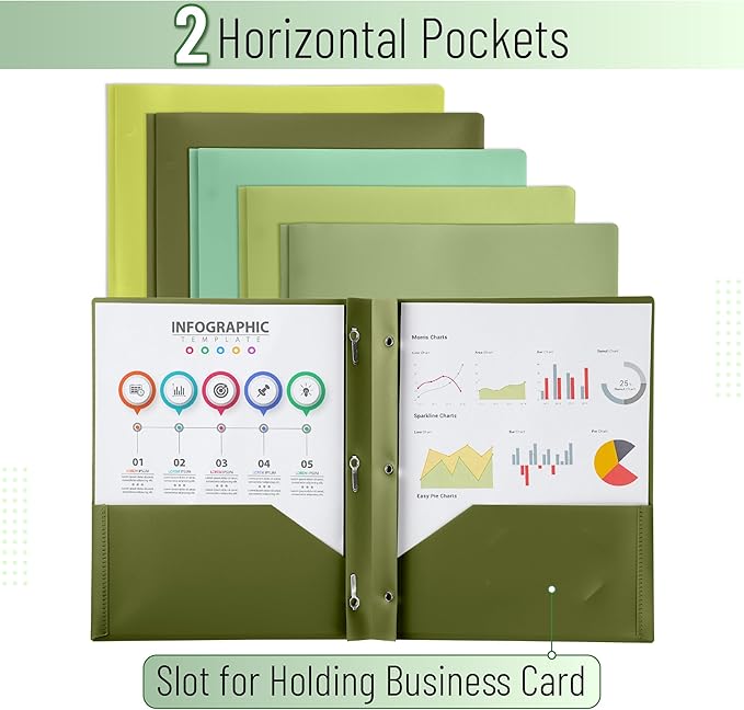 Mr. Pen- Plastic Folders with Pockets and Prongs, 5 Pack, Letter Size, Green Shades, Flexible Plastic Folders with Prongs