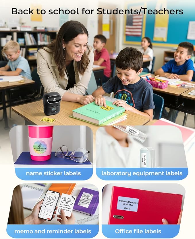 Phomemo M110 Label Makers, Portable Bluetooth Thermal Printer with Display | 2 Inch Barcode Sticker Printer Easy to Use for Small Business, Home, School, Office, APP with 6000+ Templates, Black