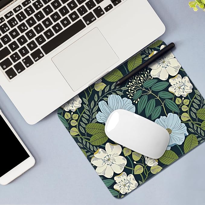 Mouse Pad with Stitched Edges - Cute Floral Mousepad for Women, 9.25 x 7.75 inch Washable Square Desk Pad, Non-Slip Rubber Base, Office Home Laptop Accessories - Olive Floral