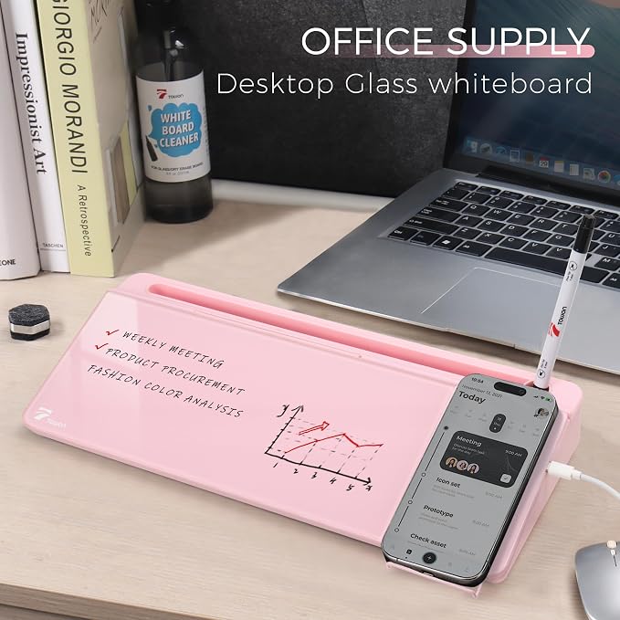 TOWON Glass Desk Whiteboard 17x6 in, Wireless Charger and Storage, Pink | Desktop white board with charging station and mirror. Compact desk organizer with dry erase storage.