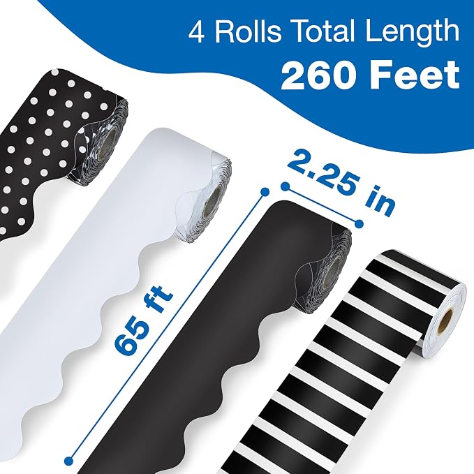 Carson Dellosa Black Bulletin Board Border Sets for Classrooms, 4 Pack | Black, White, Polka Dot, Stripes Farmhouse Classroom Décor, Teacher Supply, School, Office Cork or Whiteboard, Wall, Locker
