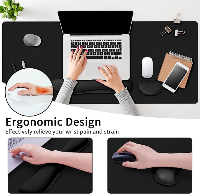 Mouse Pad with Wrist Rest Support, Keyboard Wrist Rest and Mouse Pad Set, Desk Mat for Keyboard and Mouses, Non-Slip Computer Mat Set for Office, Home (35.4×15.7 Inches, Black)
