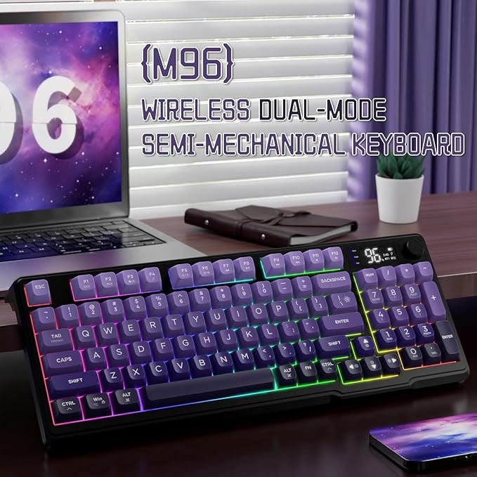 LexonElec M96 Wireless Keyboard, Low Profile Quiet Typing Membrane Gaming Keyboard with Smart Display & Knob, RGB Backlit, USB C Rechargeable, 94 Keys PBT Keycap for Windows PC,Mac,Linux-Grape Purple