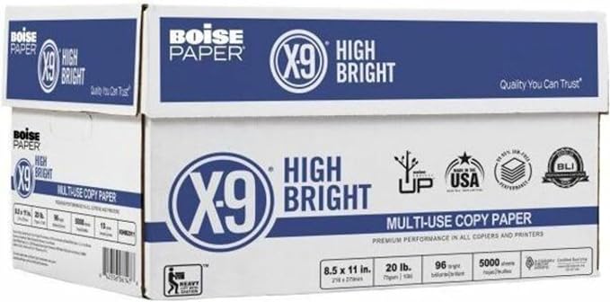 Boise® X-9® High Bright Multipurpose Copy Paper, Letter Paper Size, 108 (Euro)/96 (US) Brightness, 20 Lb, White, 500 Sheets Per Ream, Case Of 10 Reams