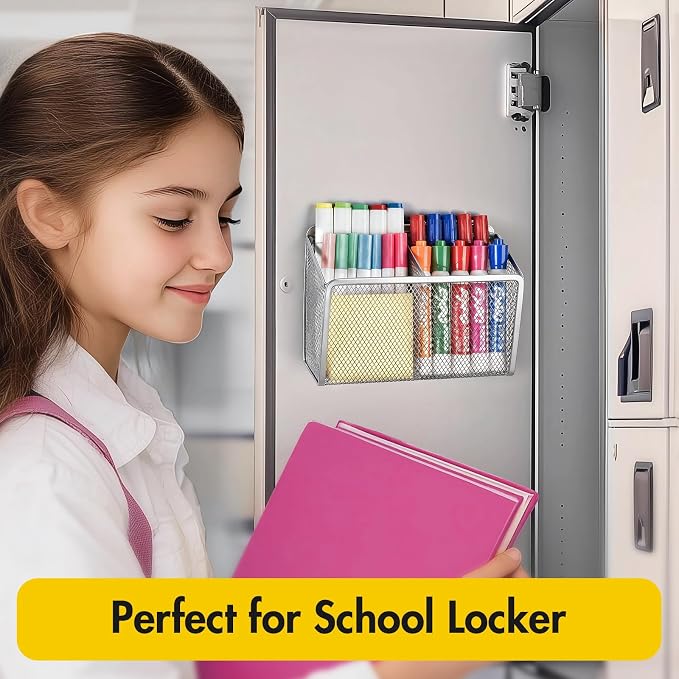 BEYGORM Magnetic Dry Erase Marker Holder for Whiteboard, Locker Organizer | Mesh Non-slip Pen & Pencil Holder for Refrigerator, Basket for Classroom, School &Office (Silver, 1-Pack)