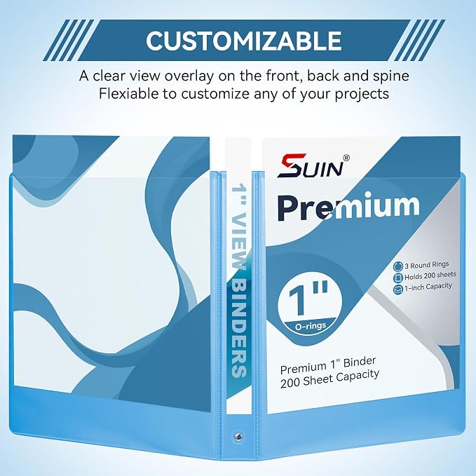 SUIN 1 Inch 3 Ring Binder, Clear 1'' View Presentation Binders with 2 Pockets, Fits 8.5 x 11 Letter Size, Durable Polypropylene, Non-Stick & PVC-Free for School, Office & Home (Aqua Blue)