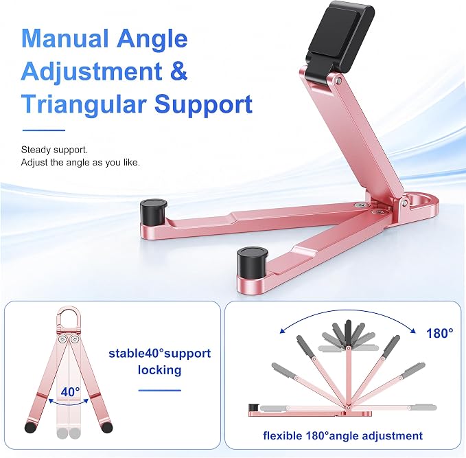 Portable Foldable Pocket Phone Stand with Keychain for Desk Travel(Pink) | Mini aluminum, adjustable kickstand, lightweight metal, slim compact for office, plane