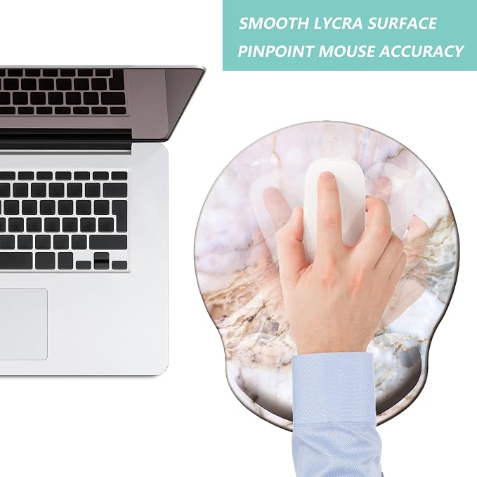 Mouse Pad with Wrist Support, Ergonomic Mouse Pad with Memory Foam Wrist Rest Cushion, Non-Slip Rubber Base Gaming Mice Pad for Home Office Computer Laptop, White Marble