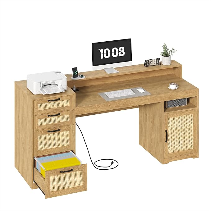 63" Rattan Computer Desk with 4 Drawers for Home Office, Bedroom | Executive Desk with Printer Stand, Monitor Stand, Home Office Desks with Power Outlets, Storage Shelves, Oak, Boho Desk