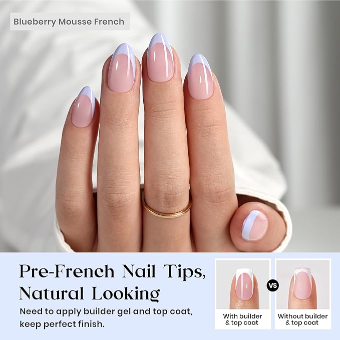 Beetles Blue French Tips Press On Nails, 160 Pcs Pastel Spring Press On Nails Short Almond, Blue Fake Nail Tips Soft Nail Gel False Nails Art DIY For Women