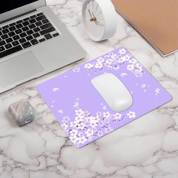 Cute Purple Mouse Pad, Floral Flowers Mouse Pad, Sakura Cherry Blossom Mousepad, Japanese Aesthetic Desk Decor, Anti Slip Rubber Base Mice pad for Computer Office Girl, 9.5 x 7.9 Inch