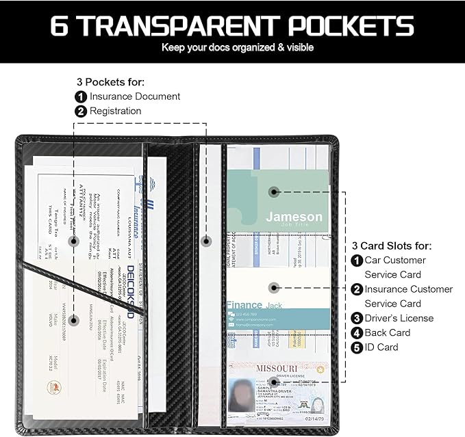 JUSTTOP 2Pack Car Registration and Insurance Holder,Car Document Holder for Cards License with Magnetic Shut,Vehicle Glove Box Car Organizer for Documents, Cards, License(Carbon Fiber Black)