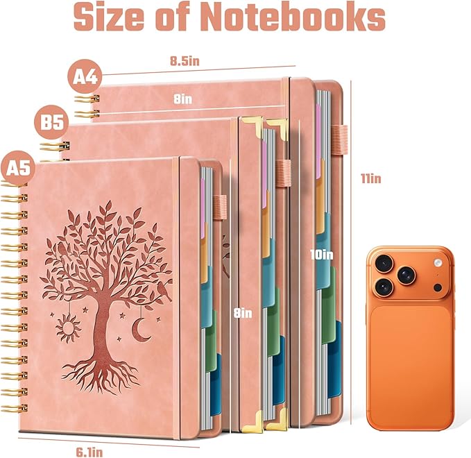 Hardcover Spiral Notebook 8" x 10" with 5 Removable Dividers 300 Pages Leather 5 Subject Notebook College Ruled 100GSM Large Spiral Notebooks for Work Thick Lined Journal for Women, Pink