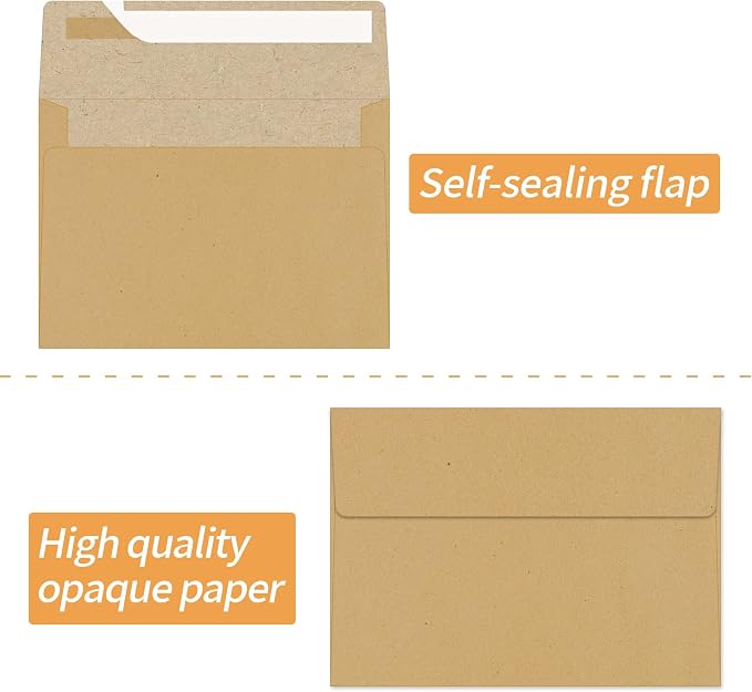 100 Packs Kraft 4x6 Envelopes for A6 Small Invitation Card | 120gsm envelopes fits 4x6 cards, Self Seal, for weddings/cards/baby shower/photos/graduation/postcards