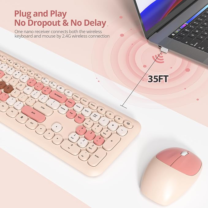 Surmen Cute Colorful Beige Keyboard and Mouse Wireless Silent, Full-Size Retro Typewriter Wireless Quiet Slim Keyboard Low-Noise 2.4GHz for Computer, Desktop, Laptop(Beige)