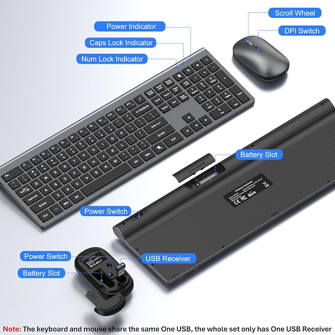 Wireless Keyboard and Mouse Combo, Ultra Slim Full Size Silent Keyboard | Scissor switch keys, quiet typing and clicking, 3 DPI adjustable mouse, 2.4GHz USB, for Computer,Windows, Mac, Laptop, PC