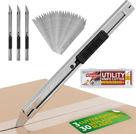 XFasten Snap Off Utility Knife Retractable 3-Pack 9mm Retractable Box Cutter Craft Knife with 30pcs 30 Degree Snap Off Blades Stainless Steel Craft Knives for Vinyl, Cardboard, Window Tint Cutter