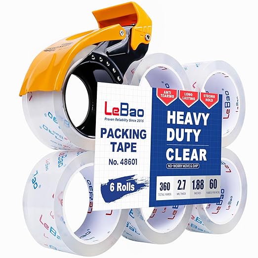 Heavy Duty Packing Tape with Metal Dispenser, Strong HD Clear Packaging Tape, 6 Rolls 1.88 in. x 60 yd. x 2.7MiL, Secure Sealing for Cardboard Package Moving Boxes & Shipping Supplies