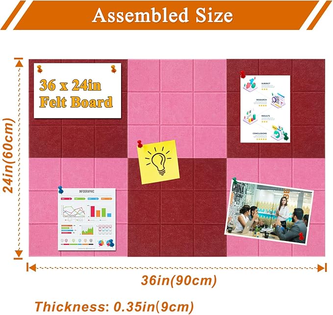 Large Square Felt Cork Board Tiles, Self Adhesive DIY Felt Bulletin Board Pin Board with 35 Pushpins for Office School Home Wall Decor Stickers Memos Photos Display (Red & Pink)