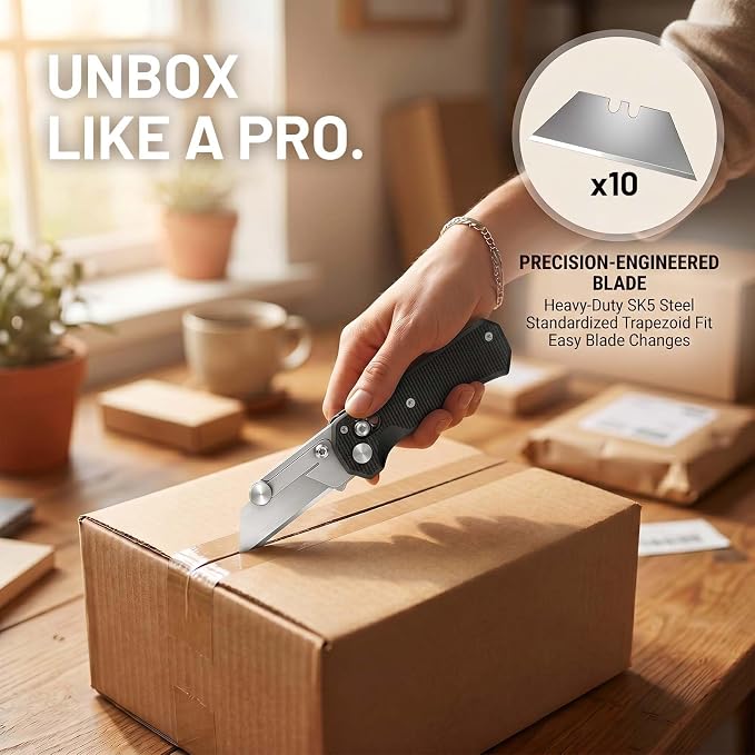 Folding Utility Knife, Pocket Knife, Box cutter Knife with Pocket & Rail Lock, Durable Razor Knife for Home Office Warehouse Everyday Carry, Gift for Men Women（Black）