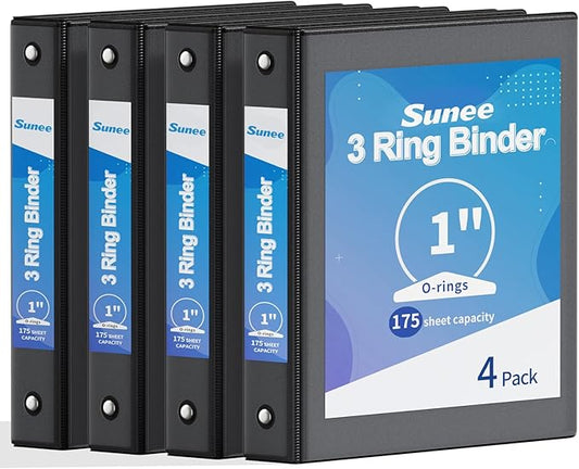 SUNEE 1 Inch Binders 3 Ring 4 Pack, PVC-Free Clear View 1" Binders (Fits 8.5x11 Inches) for School, Office & Home Use, Black