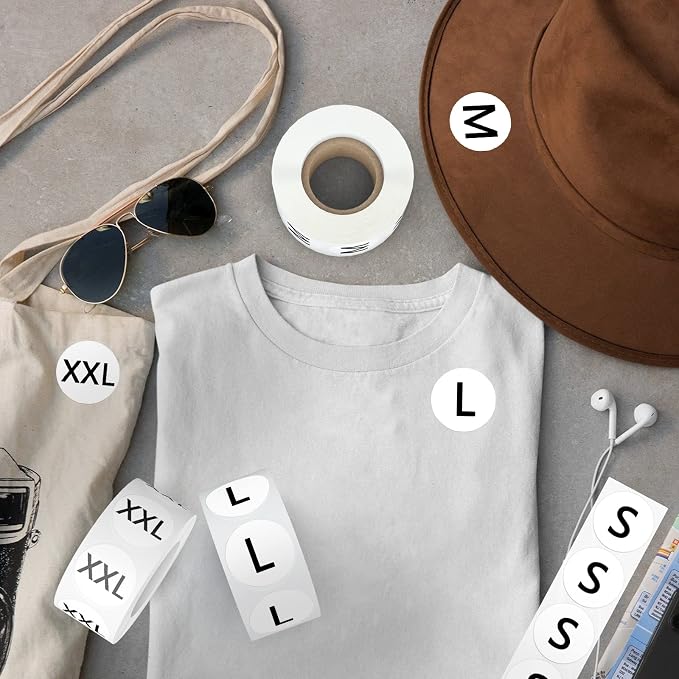 3500 PCS 7/8" Size Labels for Clothing Retail, 7 Sizes (XS-XXXL) | Round Self Adhesive Size Stickers, for T Shirts/Trousers/Skirt Retail, BPA free, Easy Peel, 7 Rolls (White with Black Word)