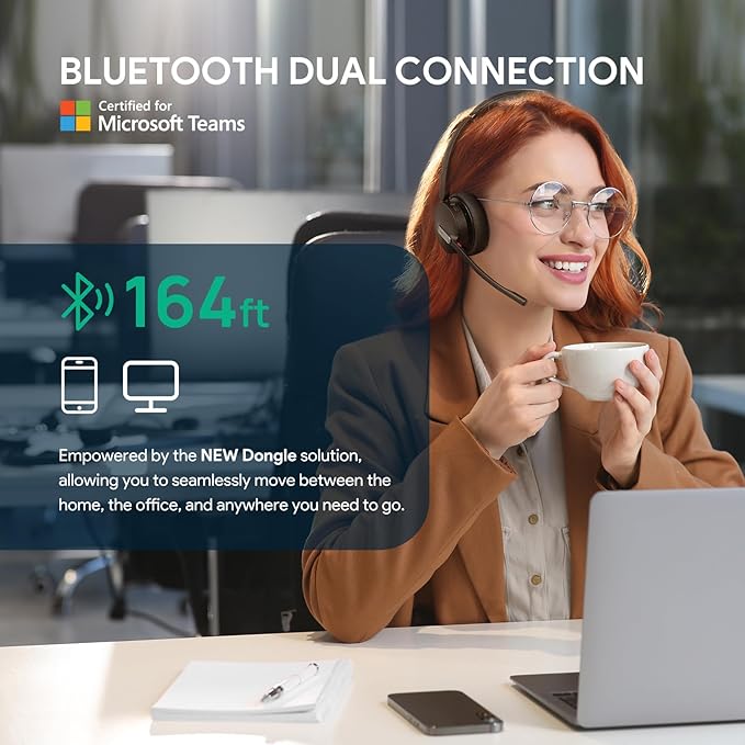 Yealink BH70 with Stand Wireless Bluetooth Headset with Microphone for Work, up to 35h Talking Battery Life, 3 Noise Cancellation Mics, Teams Certified, ≤90min Fast Charging, NO Power Adapter Needed