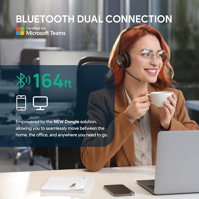 Yealink BH70 UC Wireless Bluetooth Headset with AI Microphone Flip-to-Mute | Teams Certified & Cisco Zoom Google 100+ UC Compatible, for Open Office/ WFH/ Call Center, 35h Talk Battery, USB dongle C/A